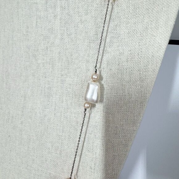 Sterling Silver Long Chain Necklace Stone Beads Bohemian Larimar Turquoise Pearl - Picture 2 of 8